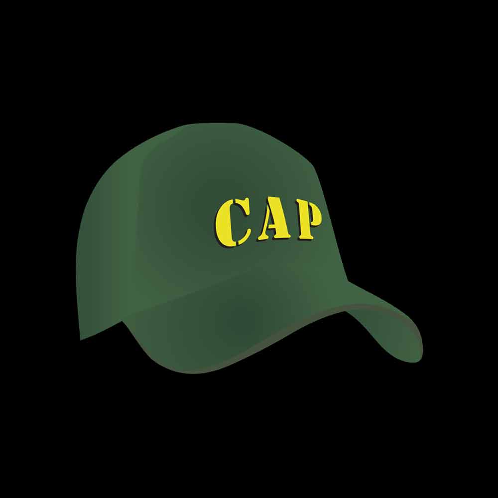 Eine grüne Baseballkappe, auf deren Vorderseite vor schwarzem Hintergrund in fetten gelben Buchstaben das Wort „CAP“ steht.