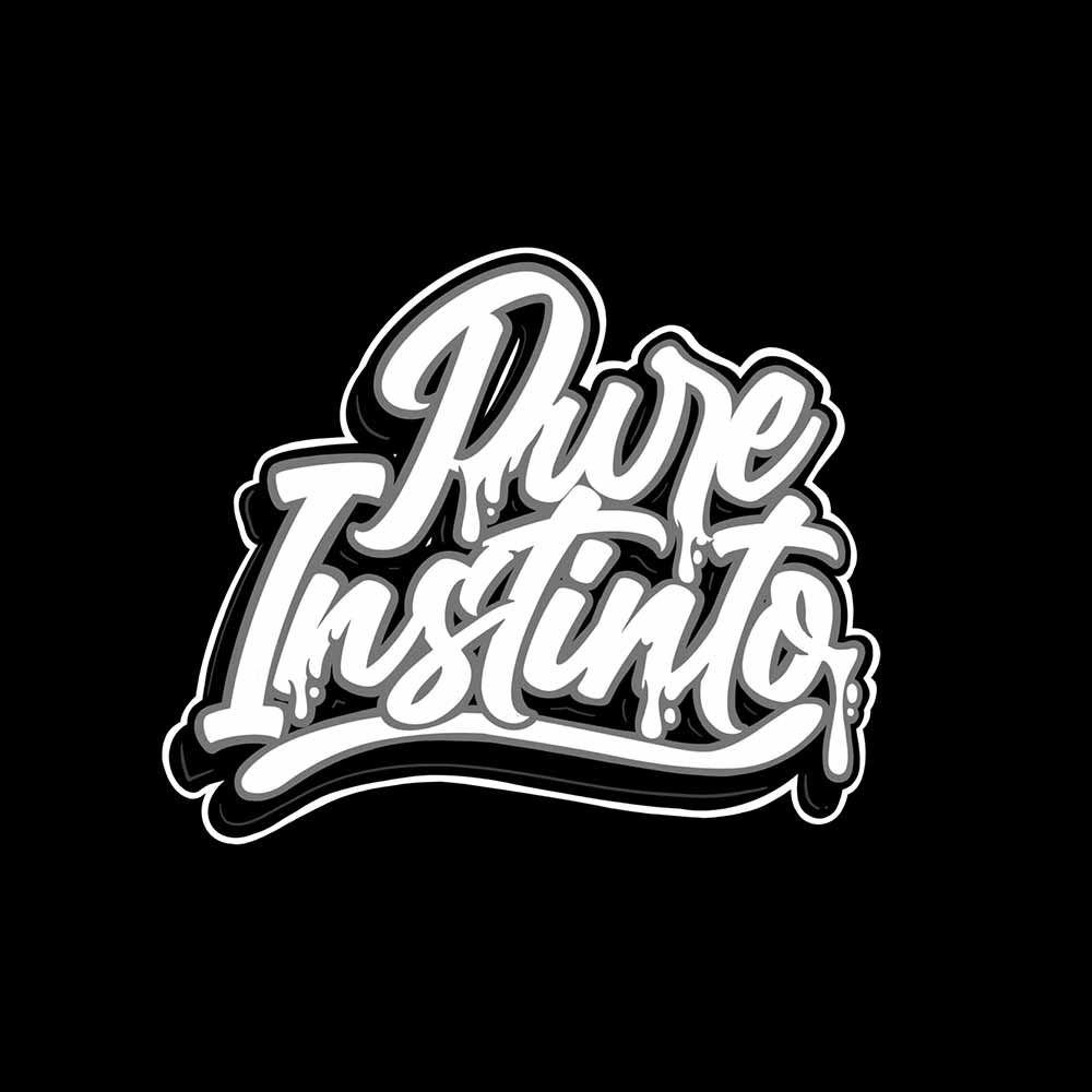 Weißer Text im Graffiti-Stil mit der Aufschrift Puro Instinto mit Tropf-Effekten, schwarz und weiß umrandet, auf schwarzem Hintergrund.