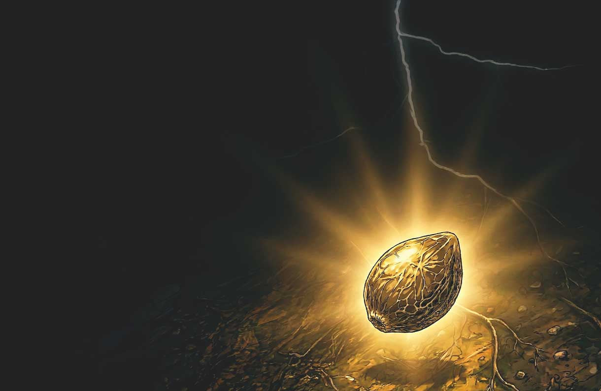 Ein glühender, goldener Samen ruht auf dem Boden und strahlt helles Licht in einer dunklen Umgebung aus, während ein Blitz am Himmel darüber zuckt.