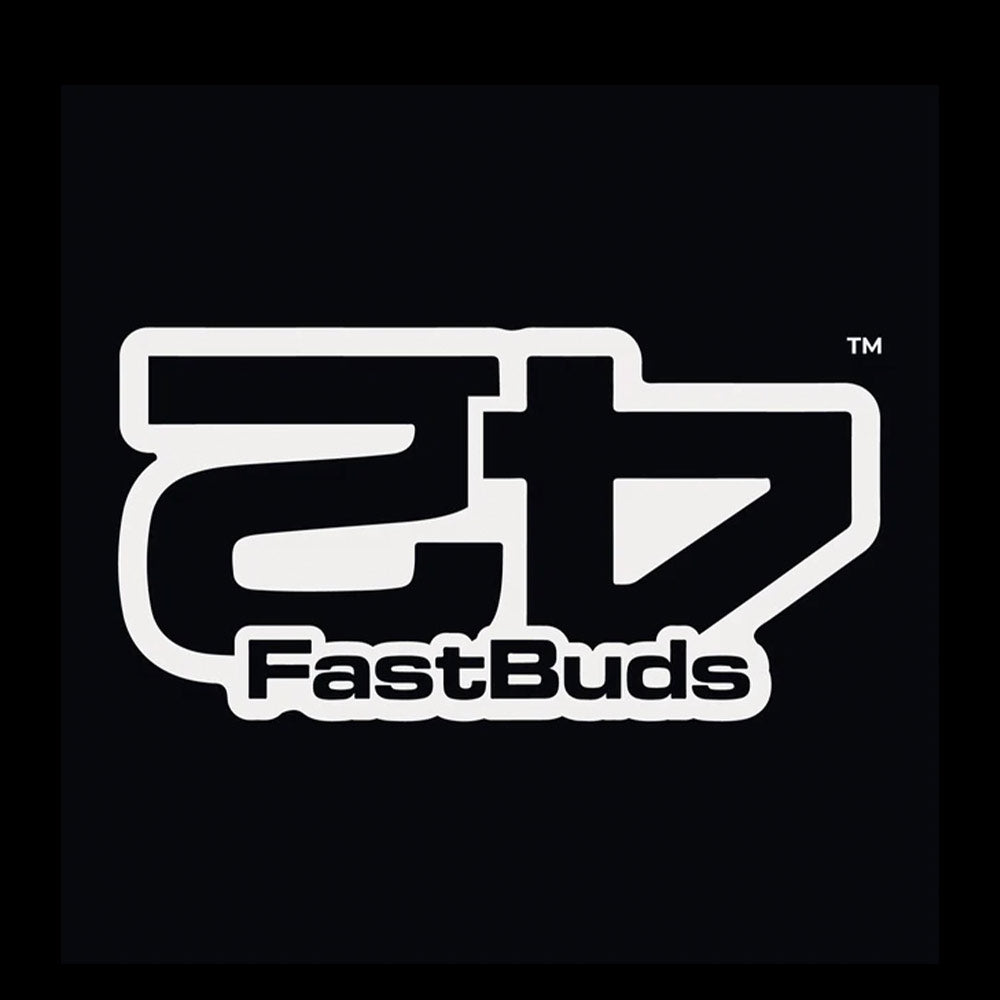 Das Logo der Marke 420 Fast Buds. FastBuds wird zusammengeschrieben und die Zahl 42 ist auf den Kopf gedreht. schwarz weißes Logo