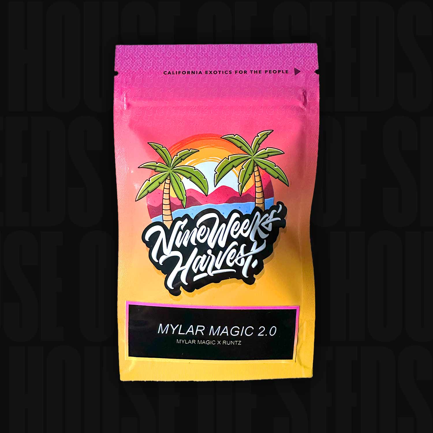 Leuchtende Nine Weeks Harvest Verpackung mit Palmen und Sonnenuntergang für die Sorte Mylar Magic 2.0