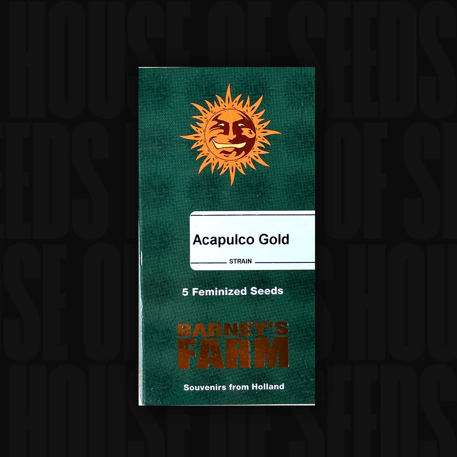 Barney’s Farm Samenpackung „Acapulco Gold (5 feminisierte Samen)“ mit Sonnenlogo vor neutralem Hintergrund