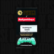 Grünes Barney’s Farm Bubblegum Gelato Päckchen mit buntem Schriftzug, Aufschrift 5 feminisierte Samen und Website-Informationen