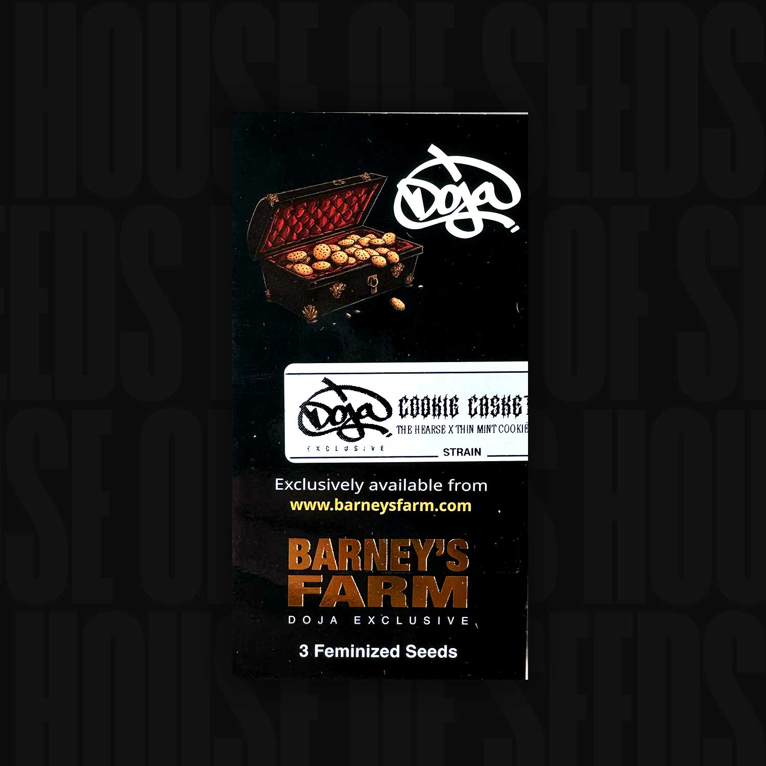 Barney’s Farm Samenpackung „Cookie Casket (3 feminisierte Samen)“ mit Schatztruhenmotiv, Sonnenlogo und sichtbarem DOJA EXCLUSIVE-Aufdruck