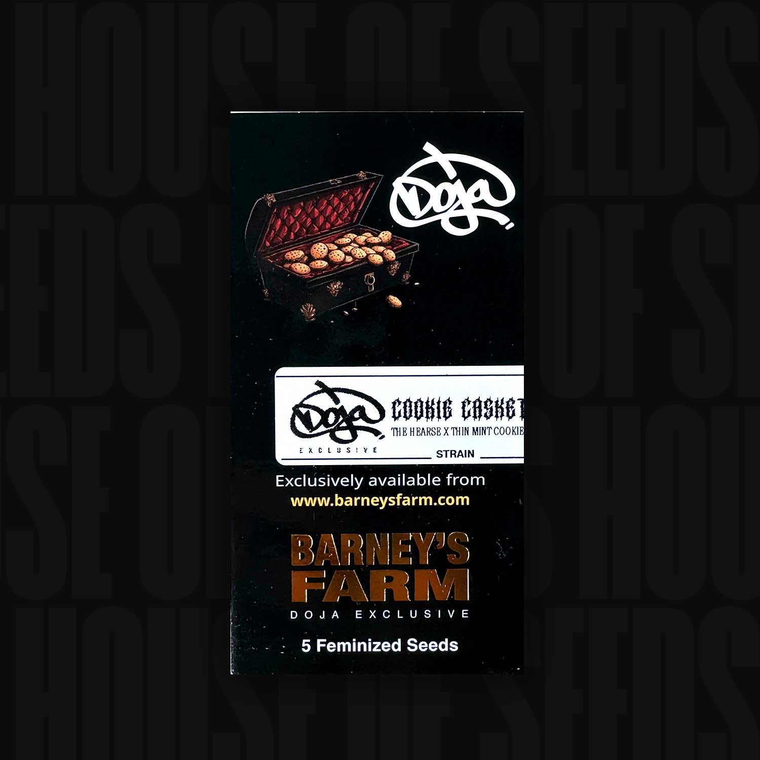 Schwarzes Barney’s Farm Samenpäckchen „Cookie Casket (5 Feminized Seeds)“ mit Keks-Schatztruhe auf der Vorderseite