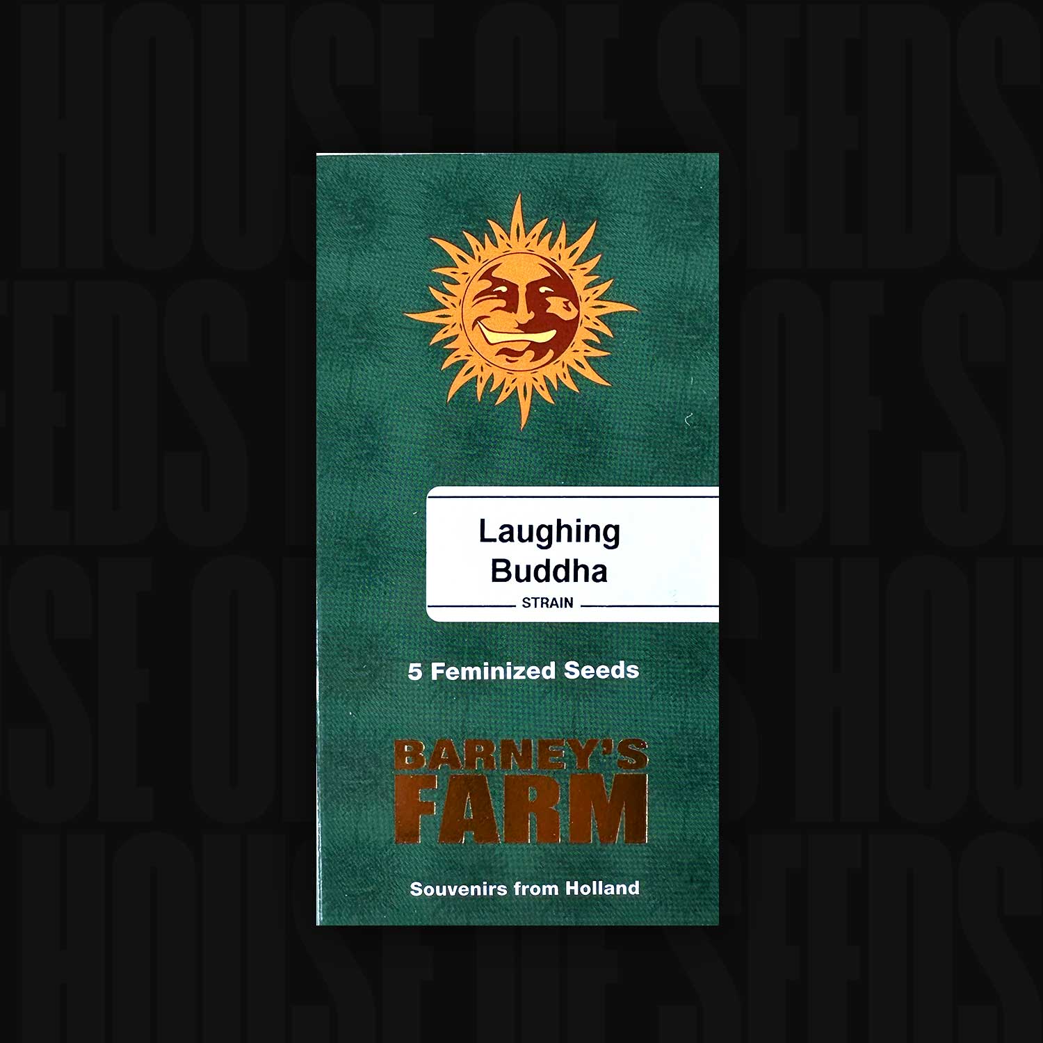 Ein grünes Päckchen mit der Aufschrift Laughing Buddha von Barney's Farm enthält 5 feminisierte Samen, zeigt oben eine lächelnde Sonne und unten Souvenirs from Holland