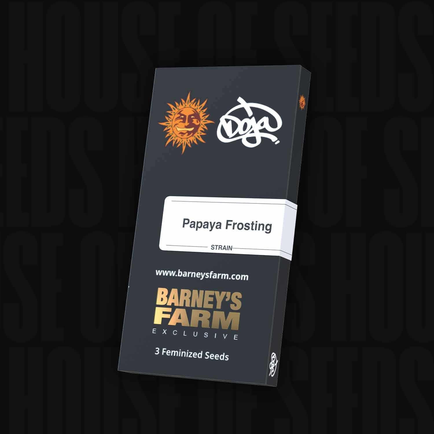 Eine schwarze Schachtel mit der Aufschrift Papaya Frosting von Barney's Farm mit 3 feminisierten Samen.