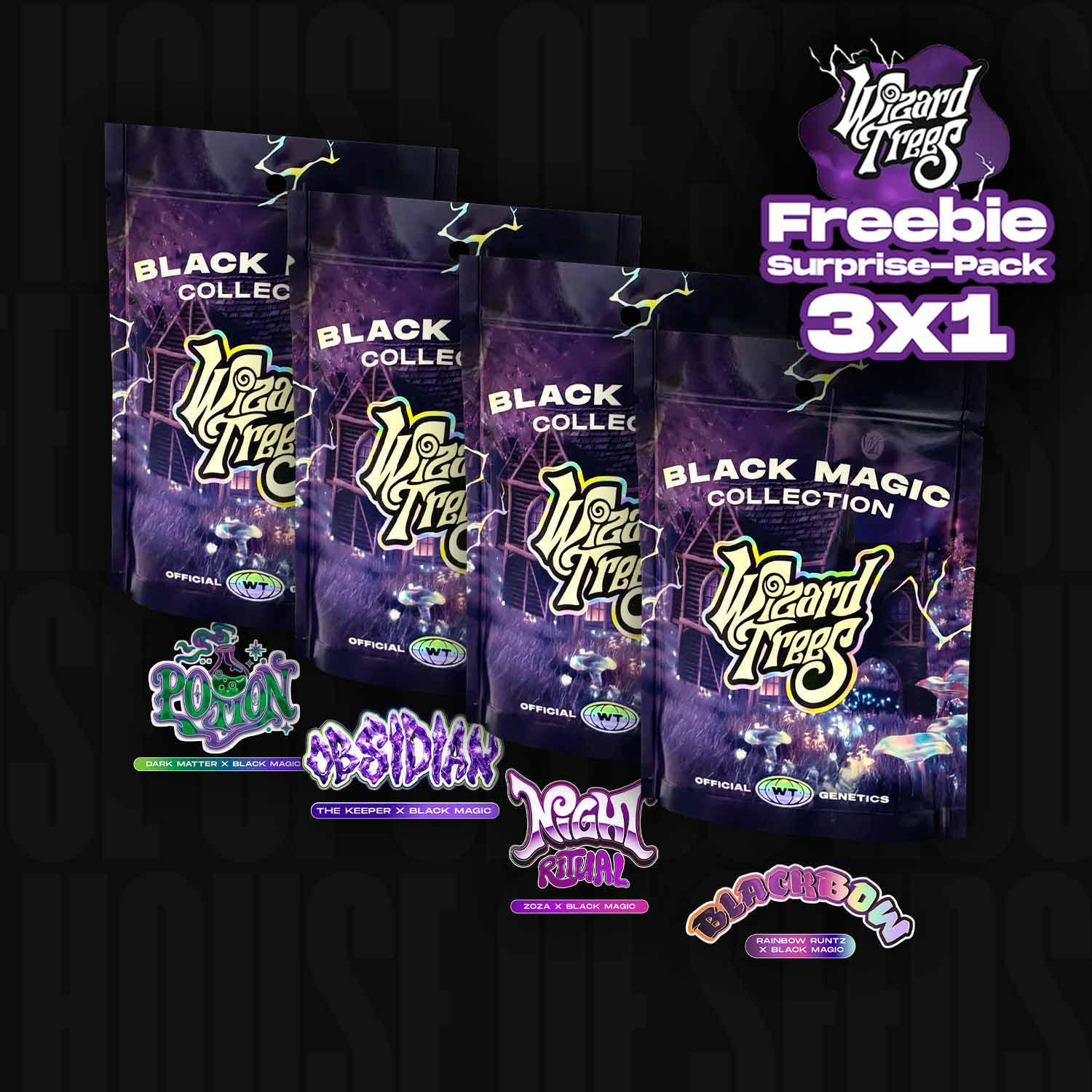 Vier Wizard Trees Black Magic Drop Bundles mit bunten Logo-Aufklebern und einem kostenlosen Surprise-Pack 3x1.