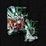 Devil’s Harvest Shore Line Samenpackung vorne und hinten, mit Comic-Grafiken mit Teufelsgesicht-Logo, Vintage-Panels und Produkt-Branding