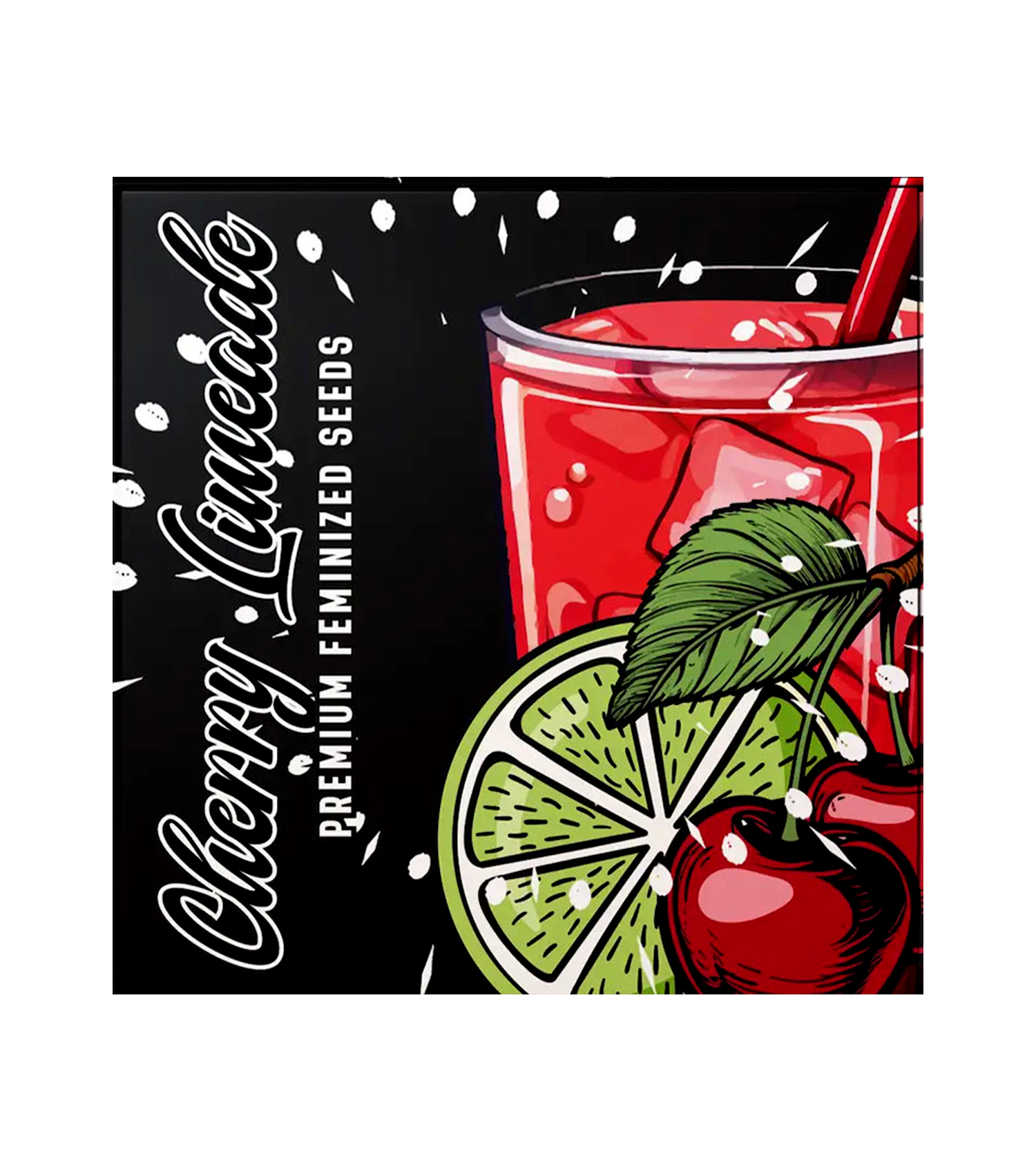 Ein Glas Kirschlimonade mit einem Strohhalm, Limettenscheiben und einer Kirsche mit der Aufschrift Doja Cherry Limeade.