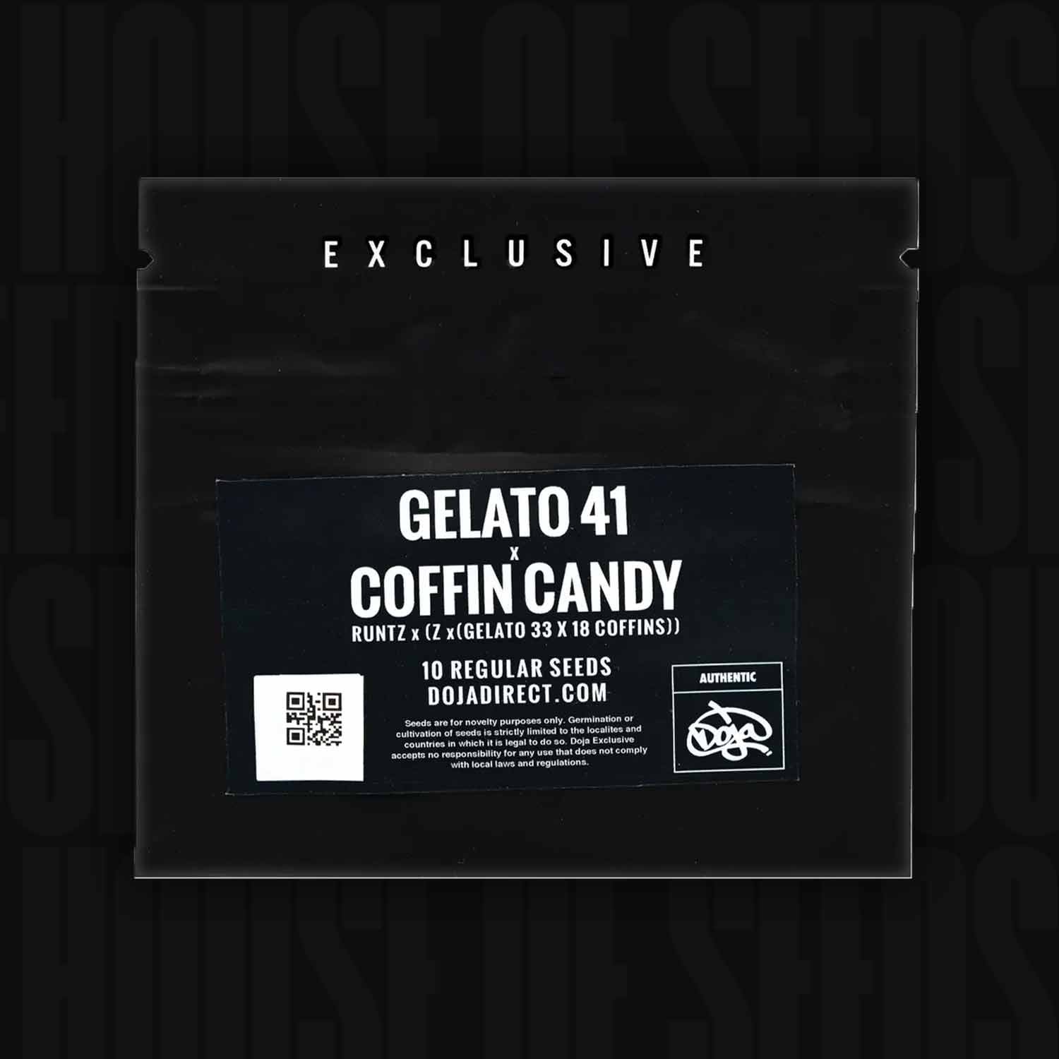 Schwarzes Doja-Paket mit der Aufschrift Gelato 41 x Coffin Candy exklusive Samen, mit einem QR-Code und Website-Informationen.