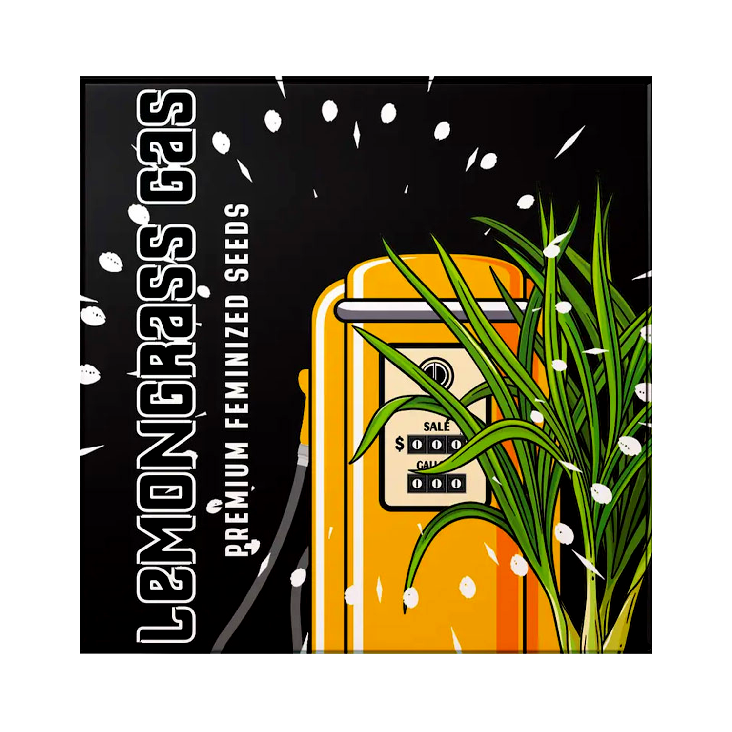 Illustration einer gelben Zapfsäule mit Zitronengras; Text: Doja Lemongrass Gas Premium Feminisiertes Saatgut.