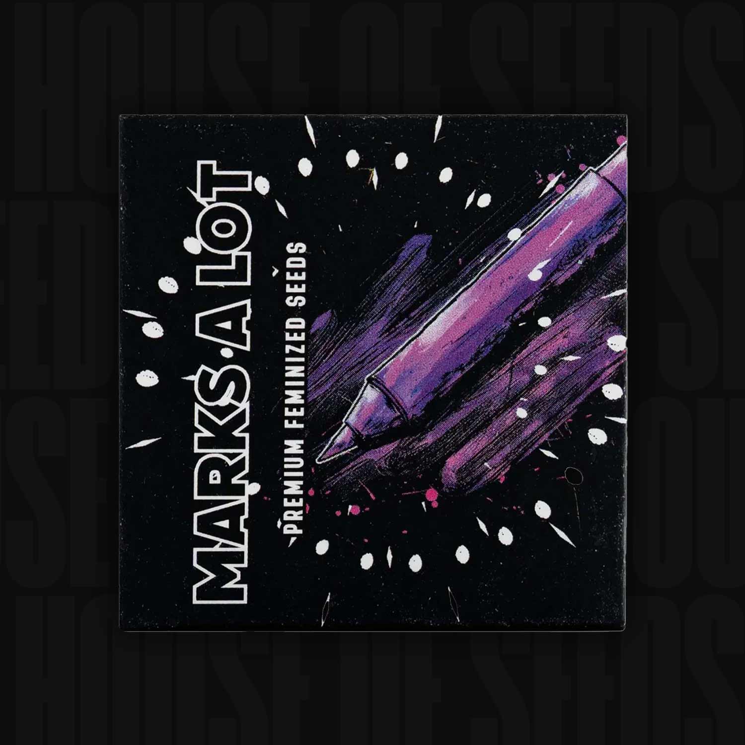 Ein stilisierter lila Marker mit dem Text "Marks a Lot" von Doja auf schwarzem Hintergrund.