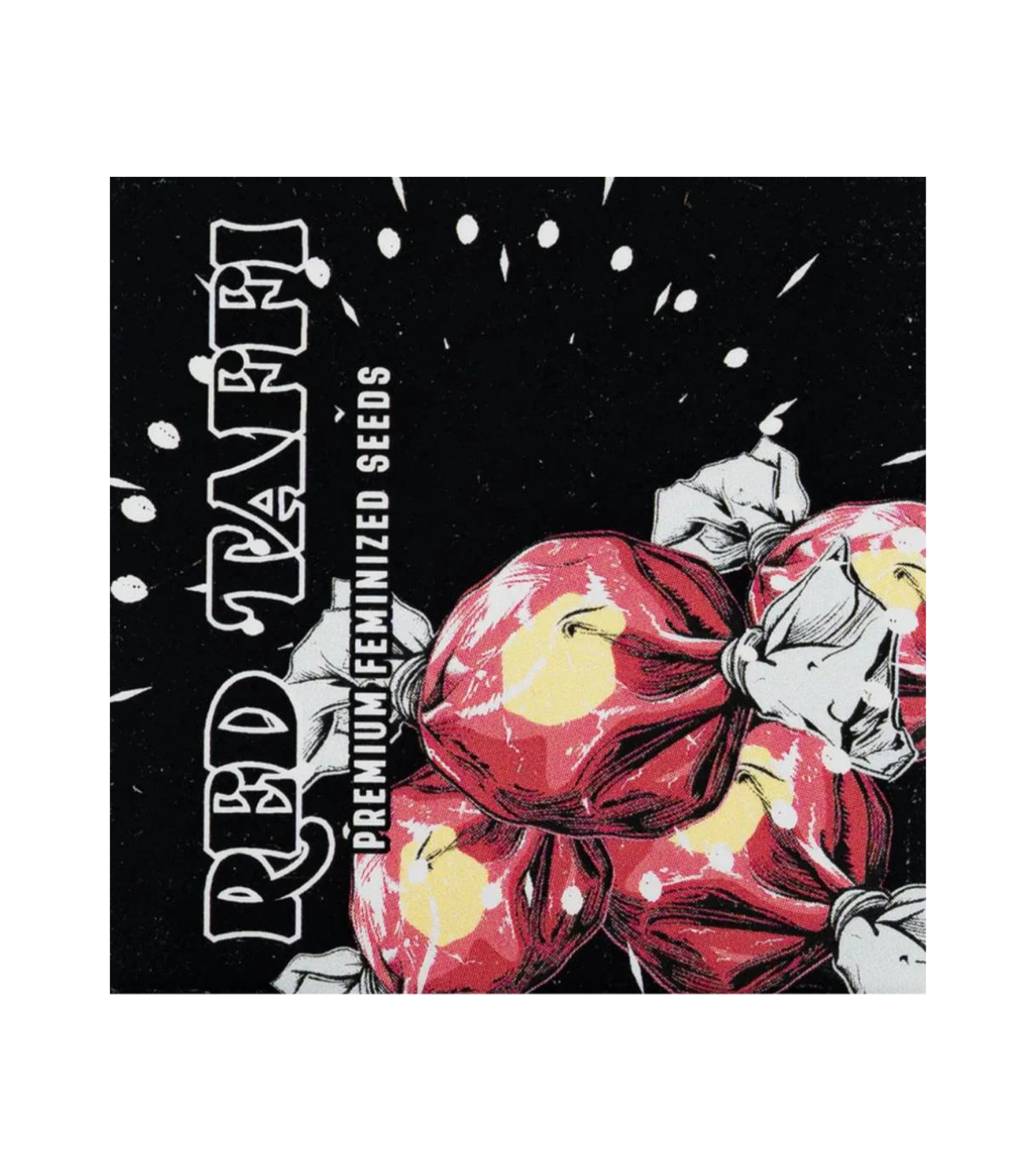 Illustration von roten Taffy-Bonbons mit Text: Doja Red Taffi auf einem schwarzen Hintergrund.