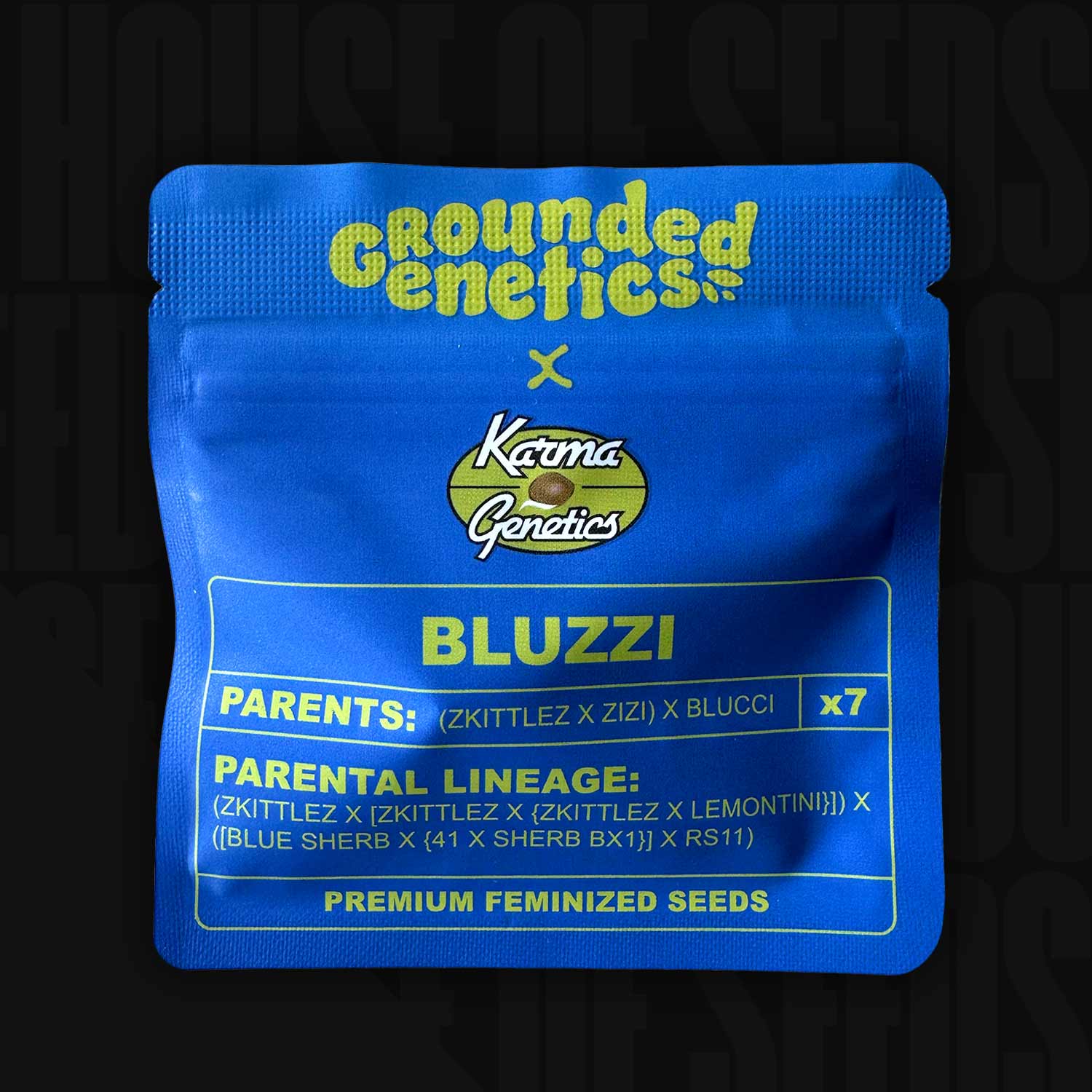 Blaue Grounded Genetics Blue Zlime Verpackung mit Angaben zu feminisierten Premium-Samen und Samenanzahl
