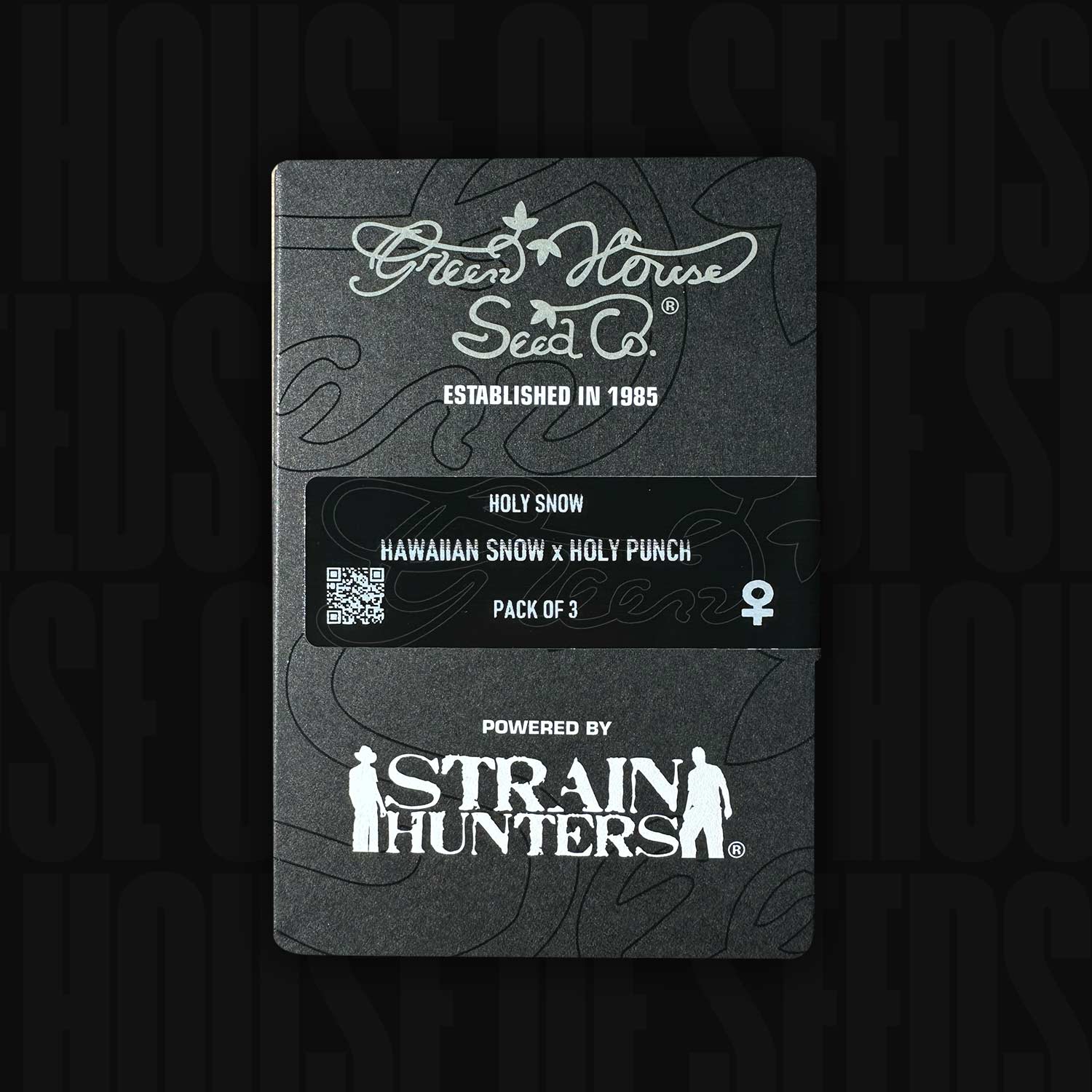Eine schwarze Green House Seeds Packung mit der Bezeichnung Holy Snow mit 3 Samen, powered by Strain Hunters.