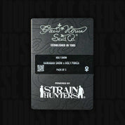 Eine schwarze Green House Seeds Packung mit der Bezeichnung Holy Snow mit 3 Samen, powered by Strain Hunters.