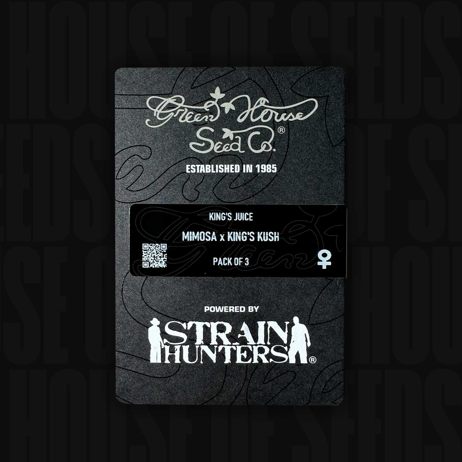 Schwarze Green House Seeds Verpackung für King’s Juice Hybrid (Mimosa x King’s Kush) mit 3-Samen-Symbol