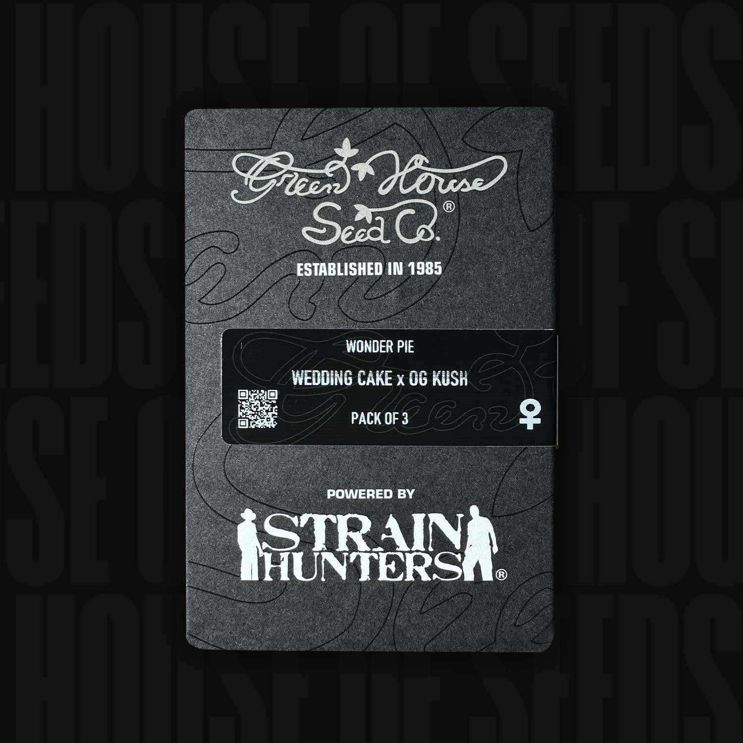 Schwarze Verpackung von Wonder Pie von Green House Seeds mit weißem Text: „Pack of 3“ und „Powered by Strain Hunters“