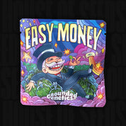 Farbenfrohe Grounded Genetics Easy Money Verpackung mit Cartoon-Mann im Zylinder zwischen Dollarzeichen-Pflanzen