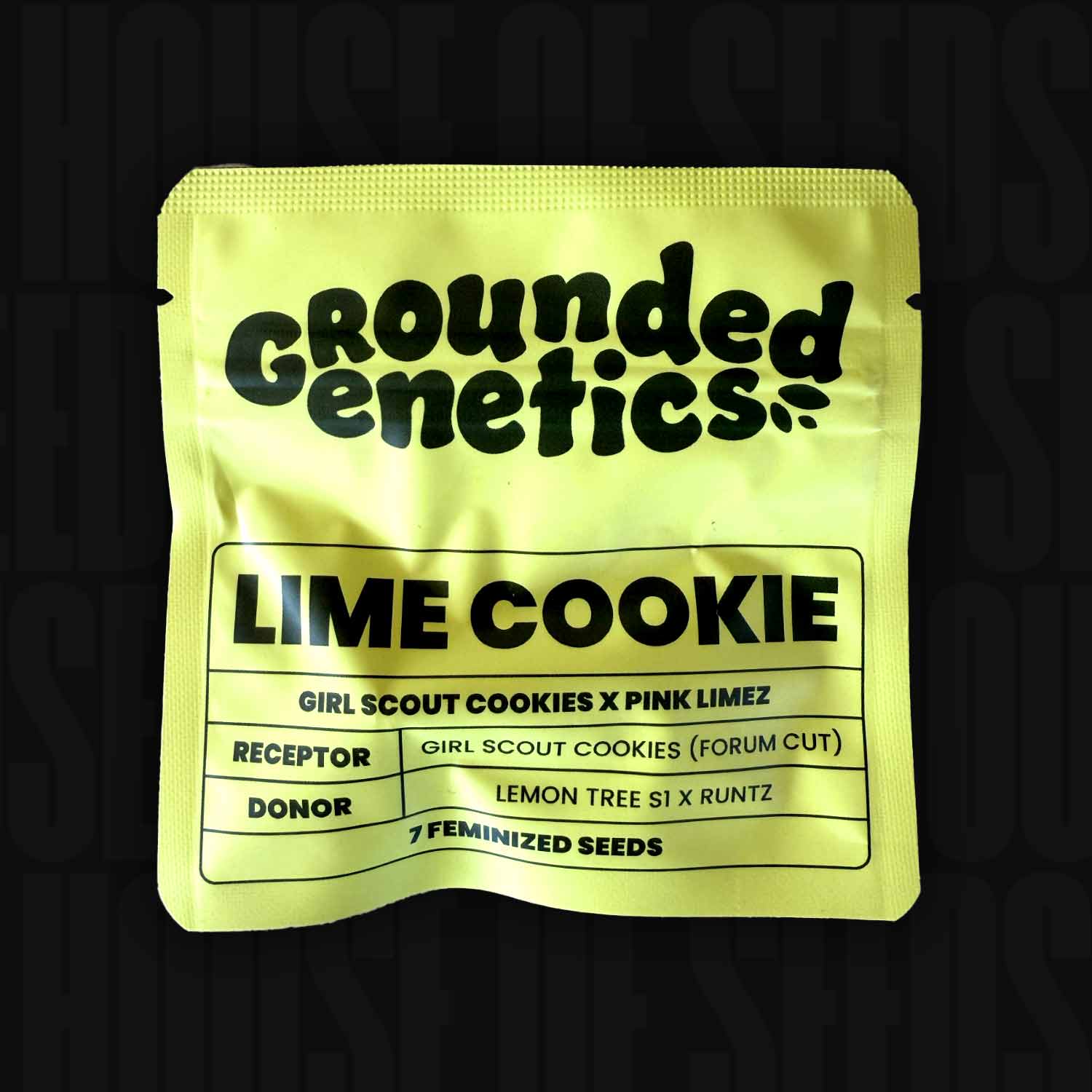 Gelbe Packung Lime Cookie feminisierte Samen von Grounded Genetics, mit detaillierten Informationen zur Sorte.