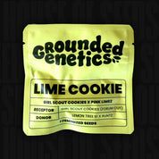 Gelbe Packung Lime Cookie feminisierte Samen von Grounded Genetics, mit detaillierten Informationen zur Sorte.