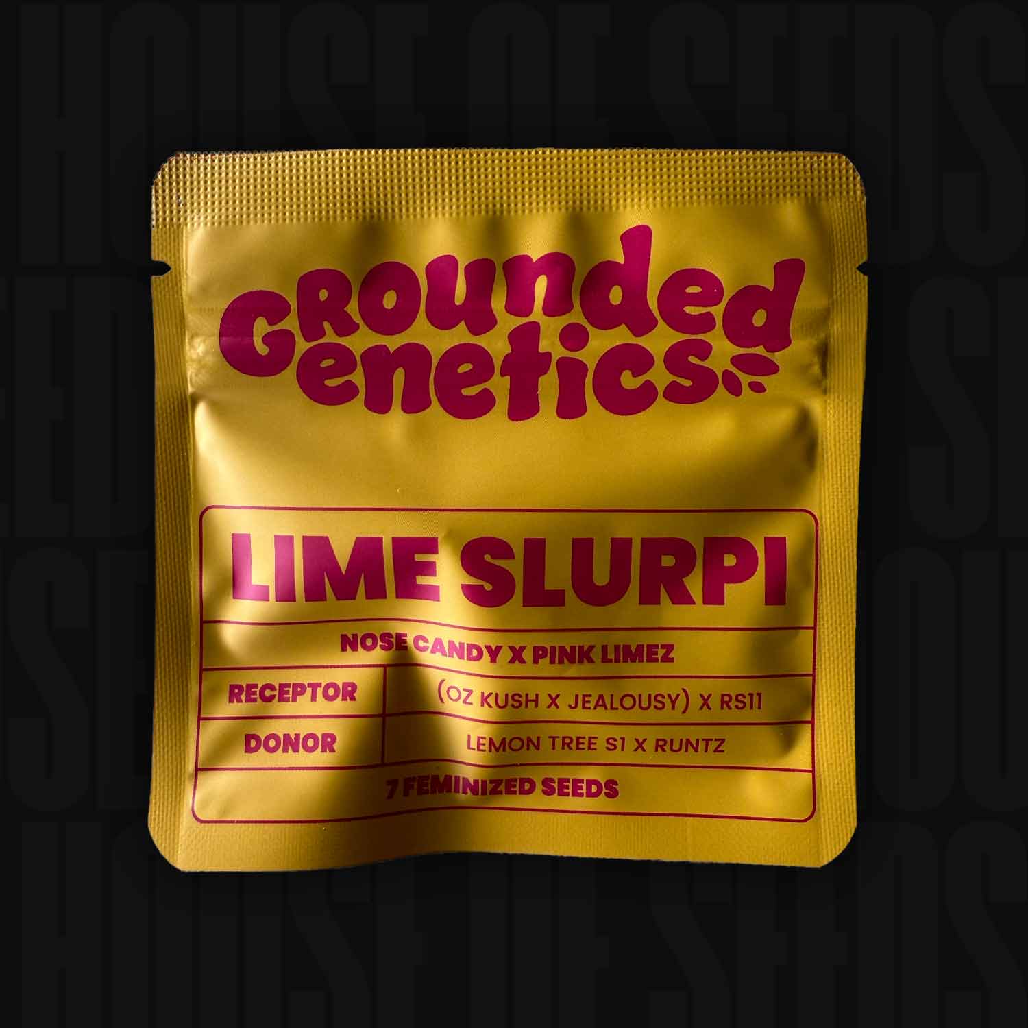 Ein gelber Beutel von Lime Slurpi von Grounded Genetics enthält 7 feminisierte Samen.