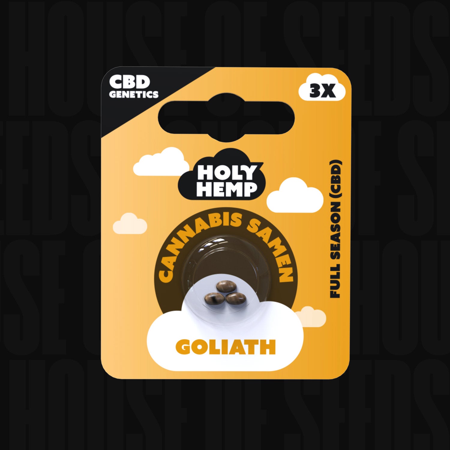 Verpackung von Holy Hemp mit 3 Goliath – CBD Genetics Samen, orange-schwarzes Design und Aufschrift „Full Season 3x“