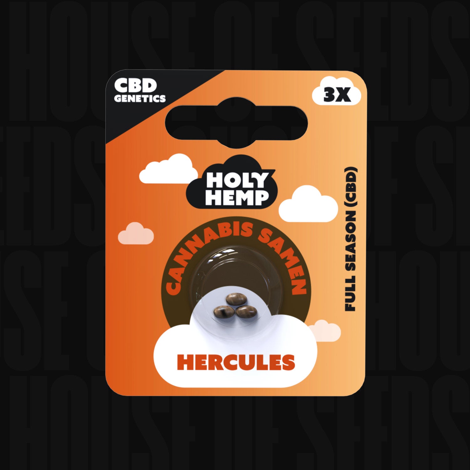 Holy Hemp Hercules CBD orange und schwarzes Paket mit drei sichtbaren Samen in der Mitte.