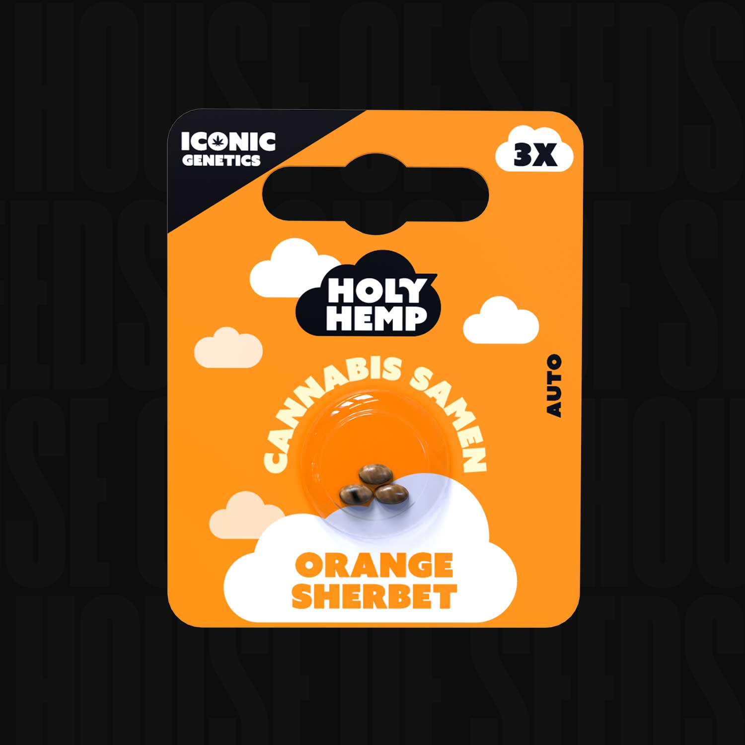 Orange Holy Hemp Orange Sherbet Auto Packung mit 3 Samen im Blister und verspielten Wolkendesigns