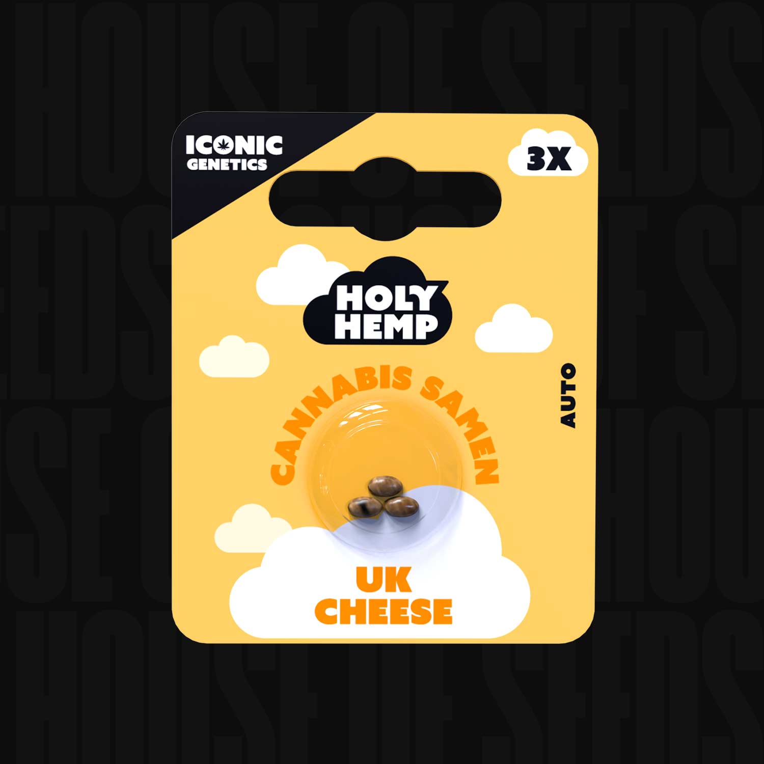 Gelb-weiße Holy Hemp Packung UK Cheese Auto mit 3 Samen und Wolkengrafik