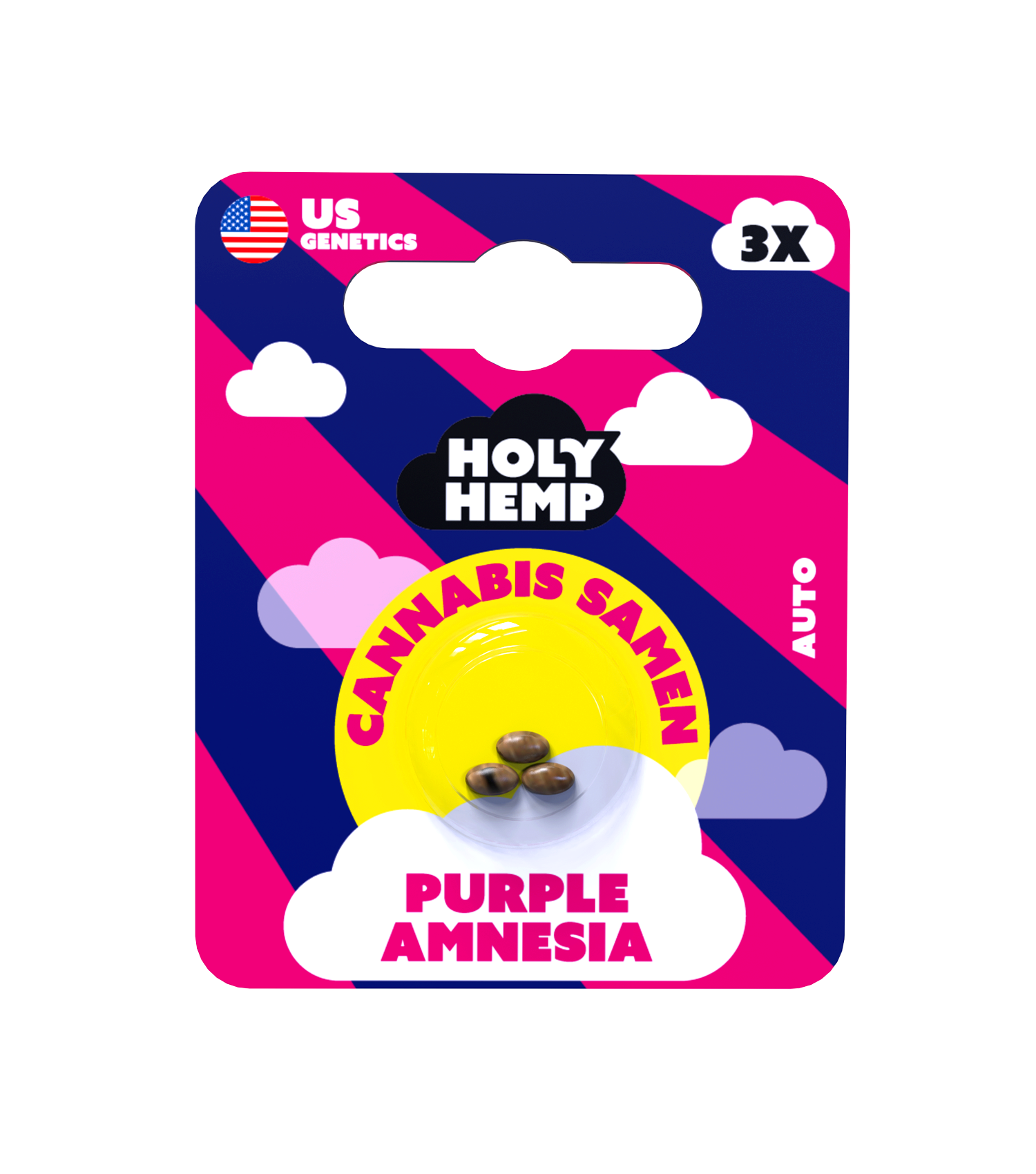 Bunte Holy Hemp-Verpackung mit drei Cannabissamen, beschriftet mit „Purple Amnesia“ und „Cannabis Samen“.
