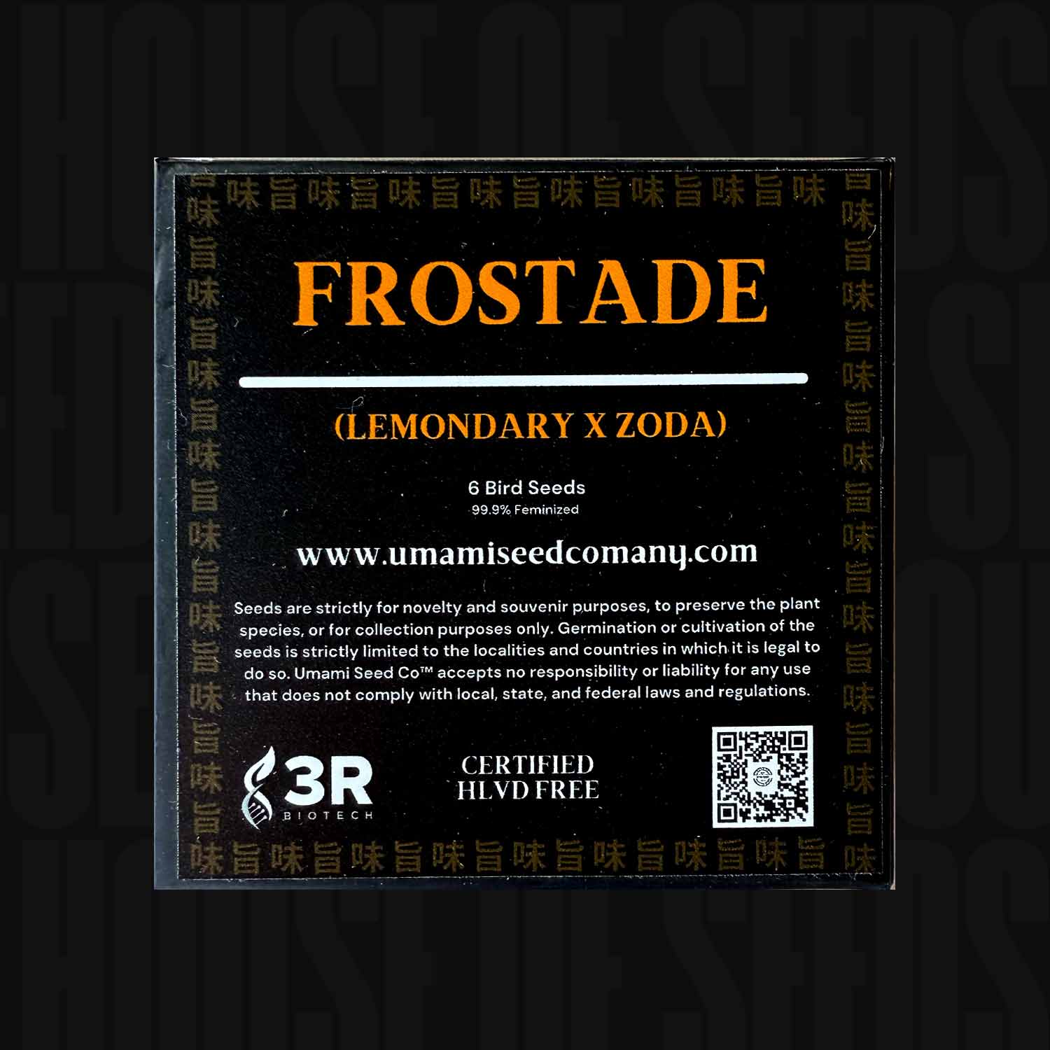 Schwarze Saatgutpackung mit der Aufschrift Frostade von Umami Seed Co, mit Angaben und Website in orangefarbener und weißer Schrift.