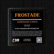 Schwarze Saatgutpackung mit der Aufschrift Frostade von Umami Seed Co, mit Angaben und Website in orangefarbener und weißer Schrift.