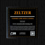 Schwarzes Päckchen mit der Aufschrift Zeltzer von Umami Seed Co, mit Saatgut- und Firmeninformationen in orangefarbener und weißer Schrift.