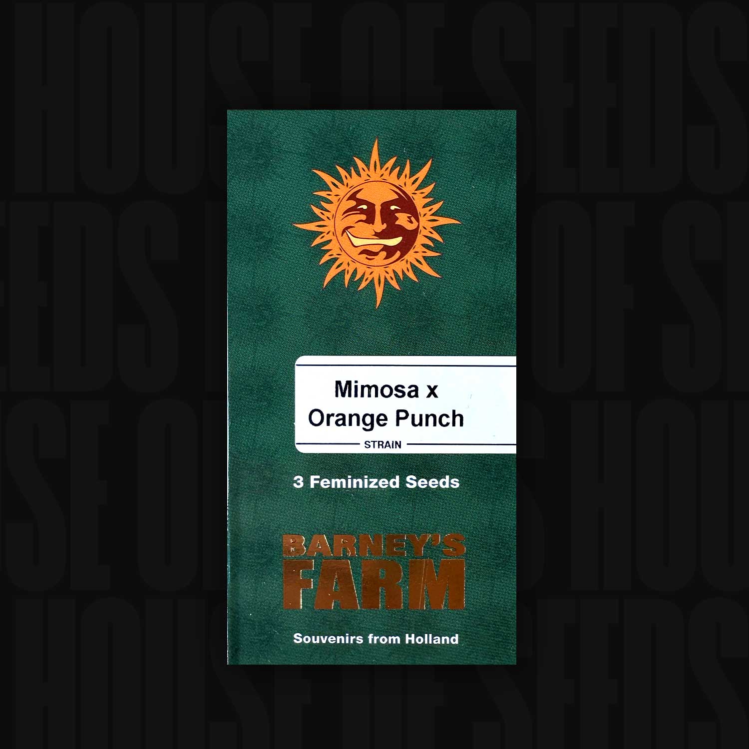 Grüne Packung mit der Aufschrift Mimosa x Orange Punch, 3 feminisierte Samen, Barney's Farm, Sonnengrafik auf der Packung.