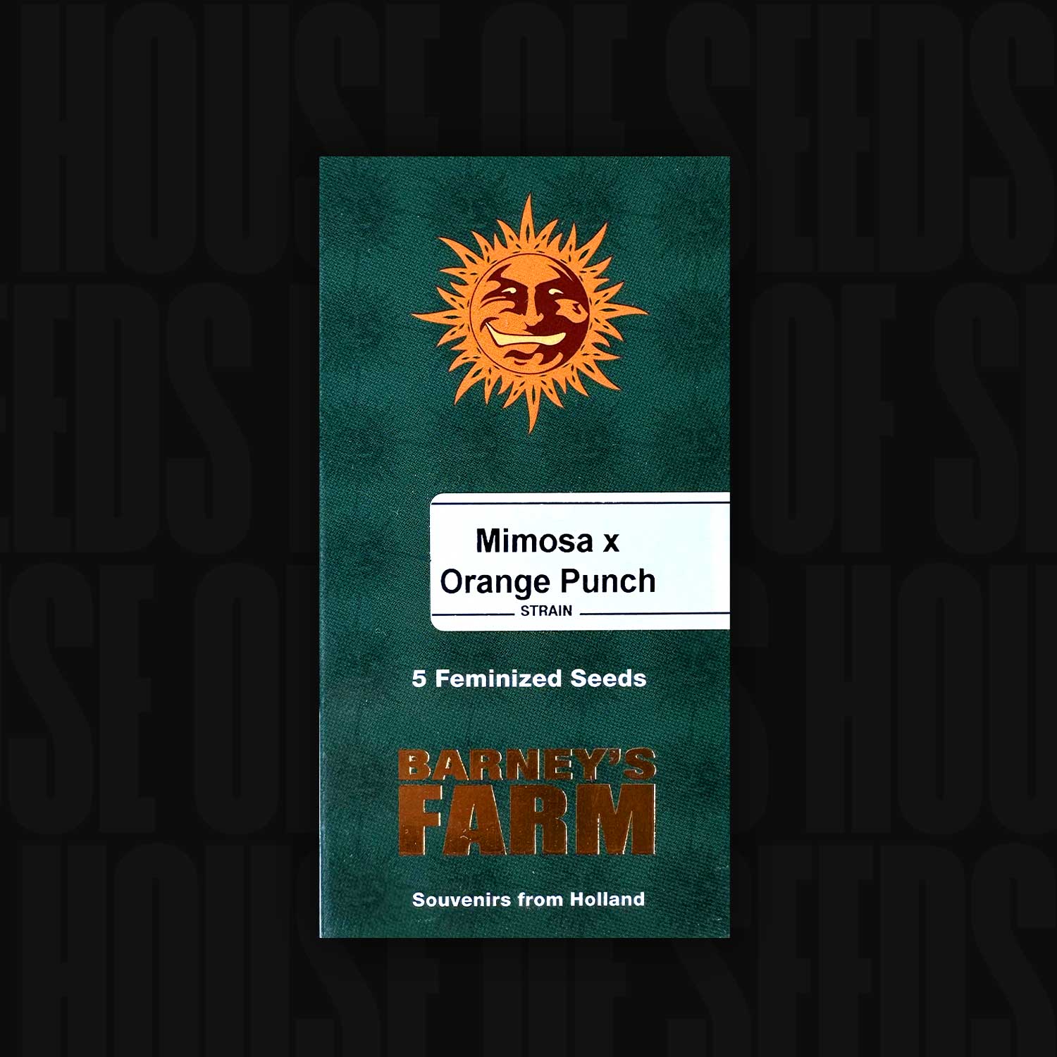 Grünes Päckchen Barney's Farm Mimosa x Orange Punch Samen mit einem Sonnenlogo auf der Oberseite.