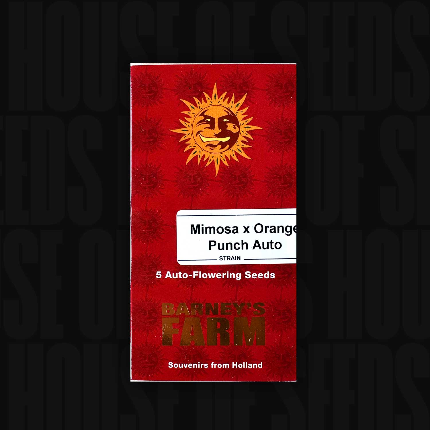 Rotes Barney’s Farm Mimosa x Orange Punch Auto Paket mit Sonnenlogo, Aufschrift 5 Auto Seeds und Souvenirs aus Holland