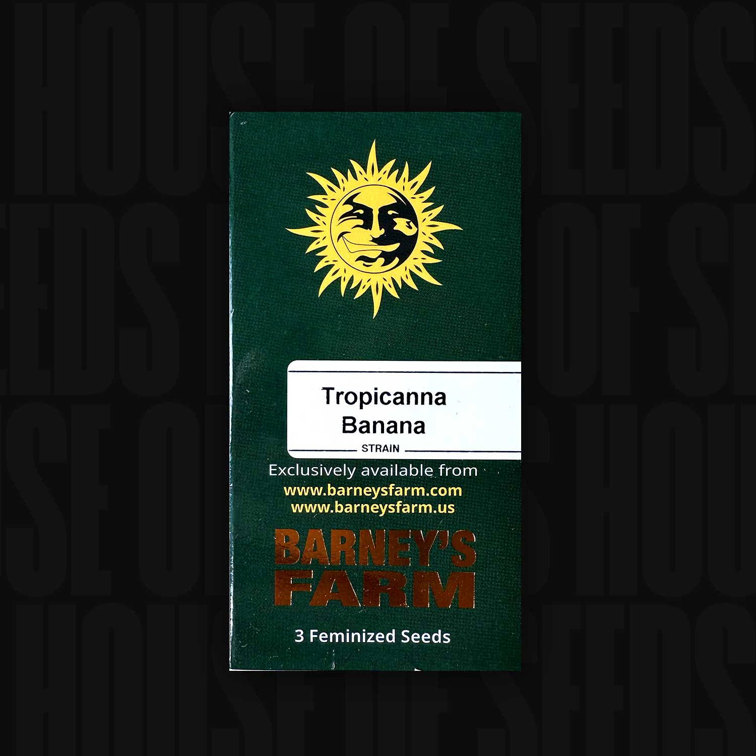 Eine Packung Tropicanna-Bananensamen von Barney's Farm mit einem Sonnenlogo und Angaben zur Website.