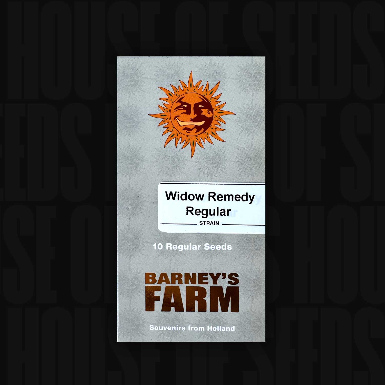 Graue Barney’s Farm Widow Remedy Packung mit 10 regulären Samen, orangefarbenem Sonnenlogo und Text "Souvenirs from Holland"