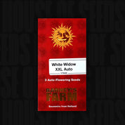 Rotes White Widow XXL Auto Päckchen von Barney’s Farm mit Sonnenlogo, 3 Samen und Aufschrift "Souvenirs aus Holland"