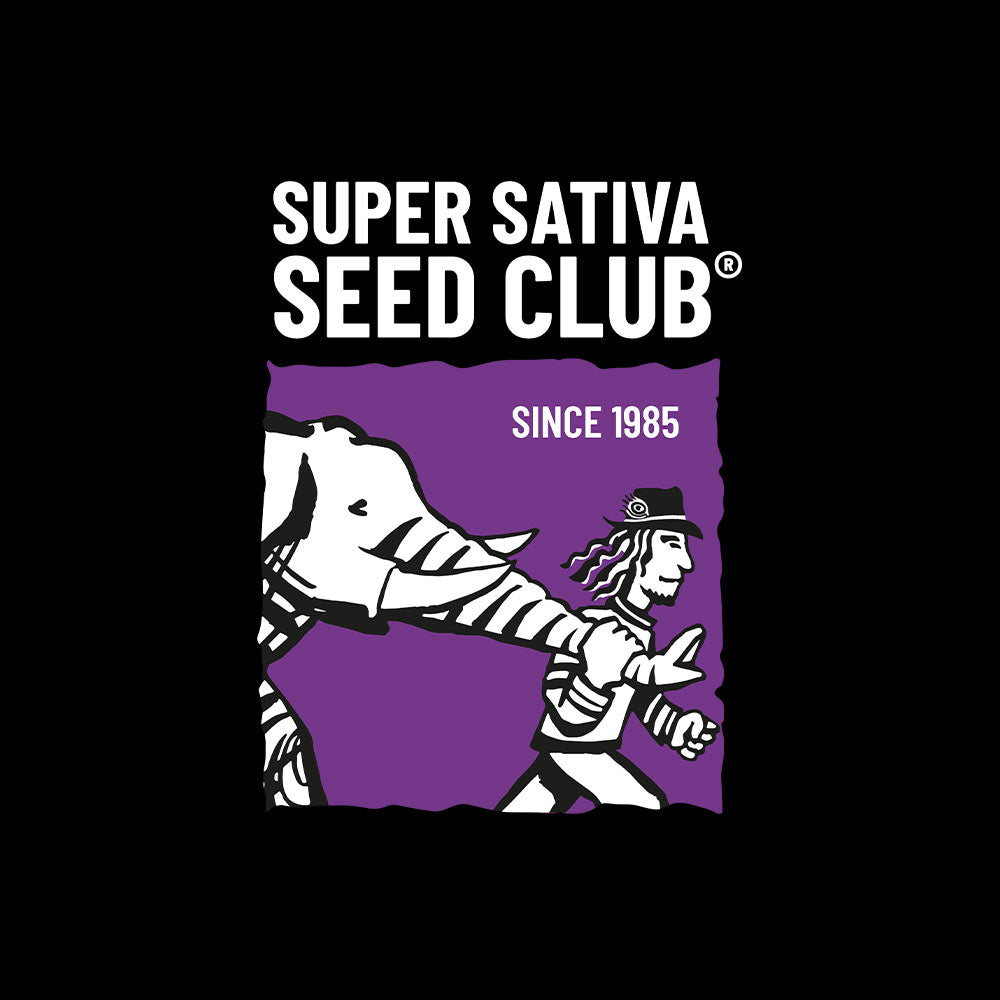 Logo von Super Sativa Seed Club auf schwarzem Hintergrund mit weißer Schrift und Mann mit Elefant im Arm